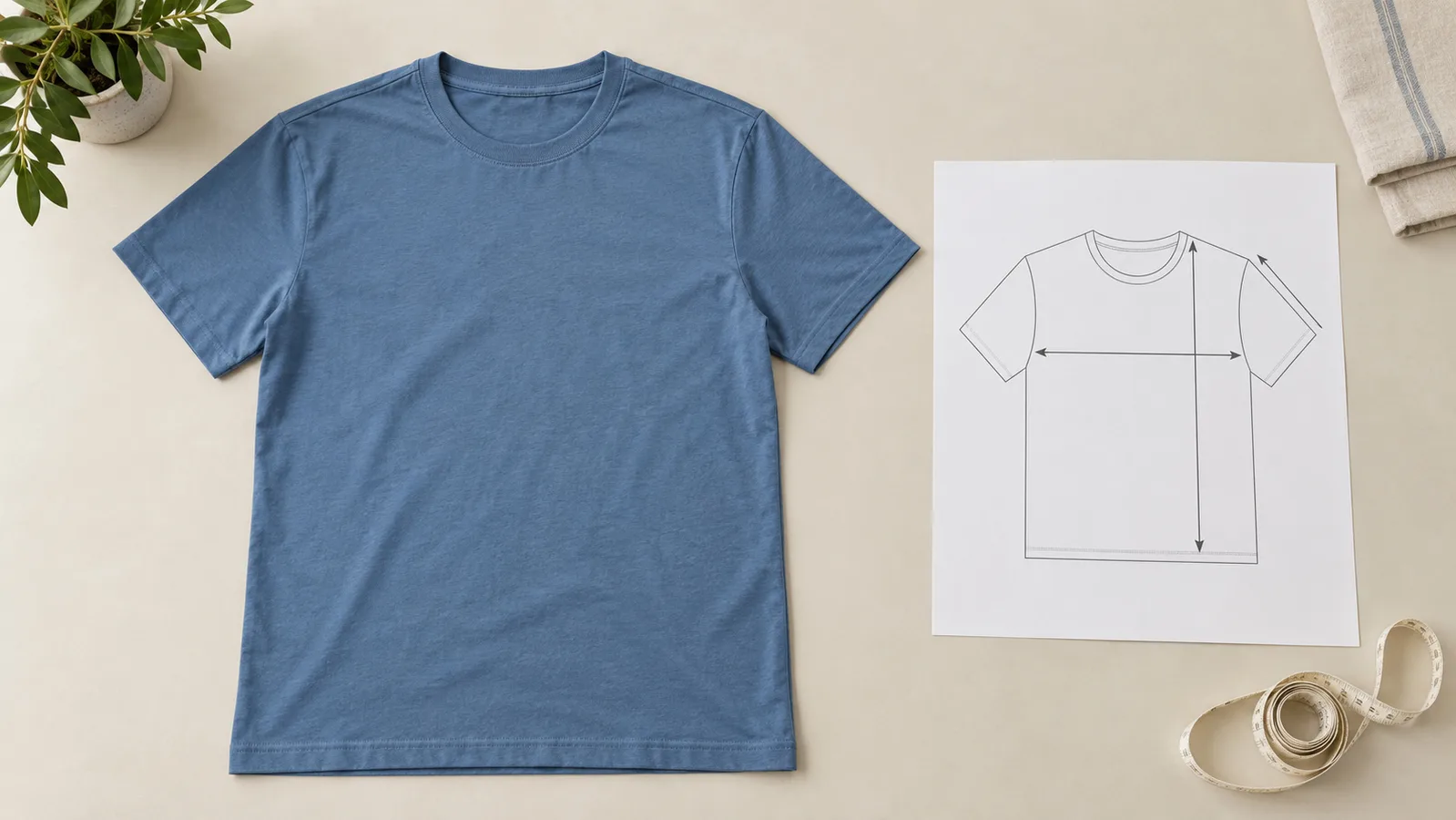 Kaos polos diletakkan rata di samping sketsa ukuran pakaian