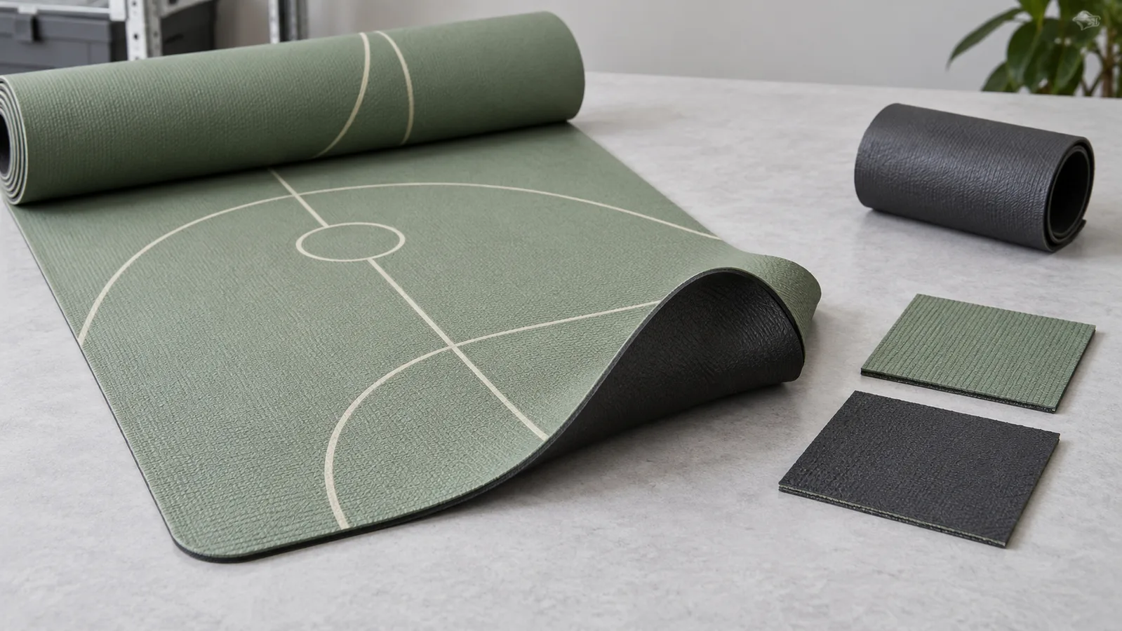 Matras yoga yang dicetak dan sampel bahan dasar terpisah disusun untuk menggambarkan rute produksi