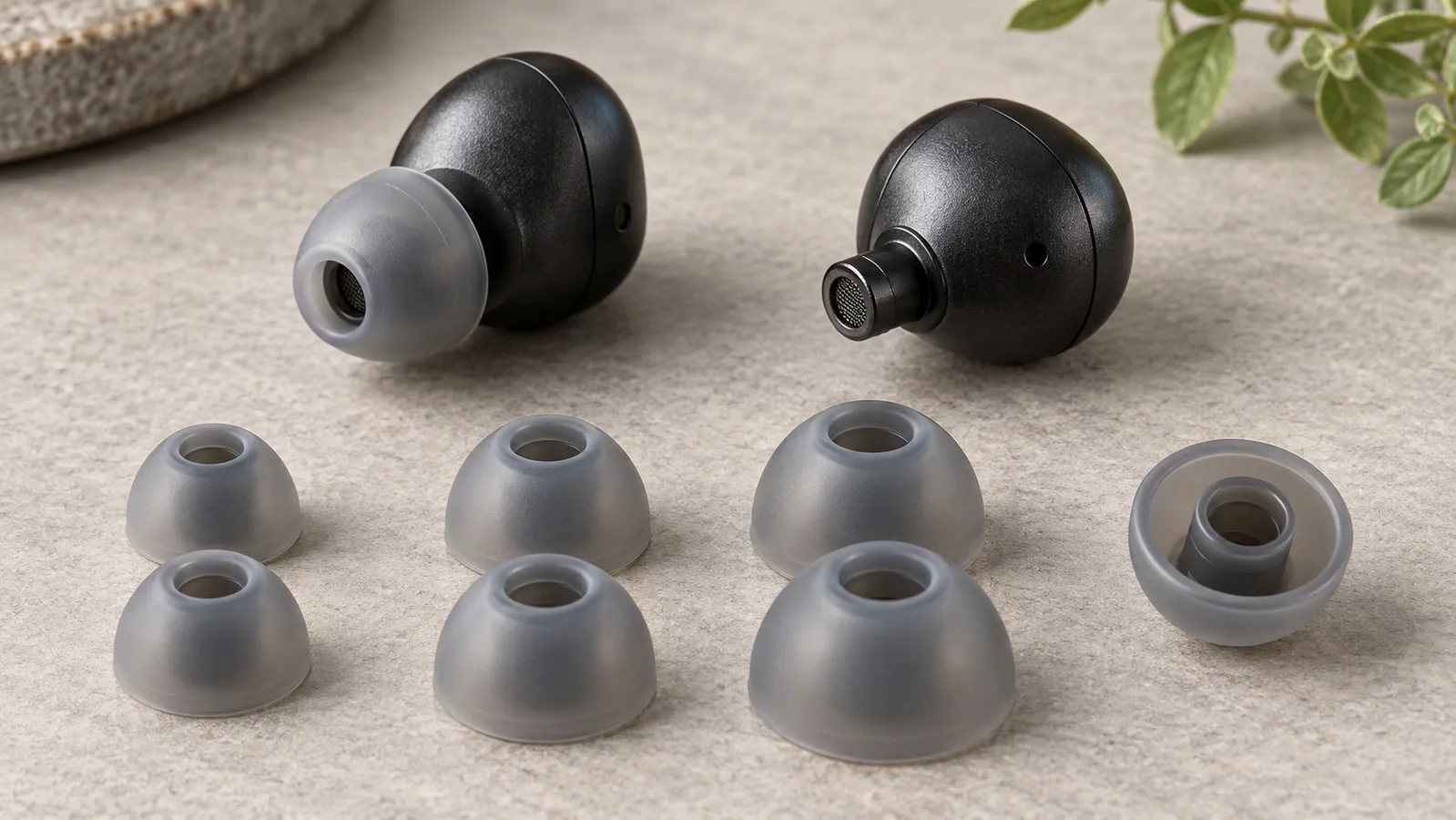 Earbud Bluetooth dan bantalan telinga silikon terpisah yang memperlihatkan rok dan kerah pengikatnya