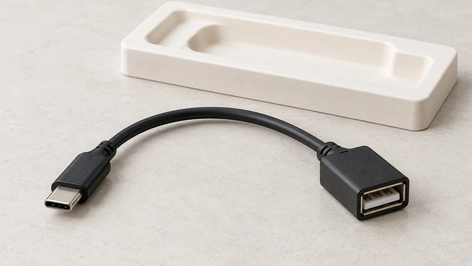 Kabel adaptor USB generik dengan kedua ujung konektor terlihat pada permukaan pemeriksaan netral
