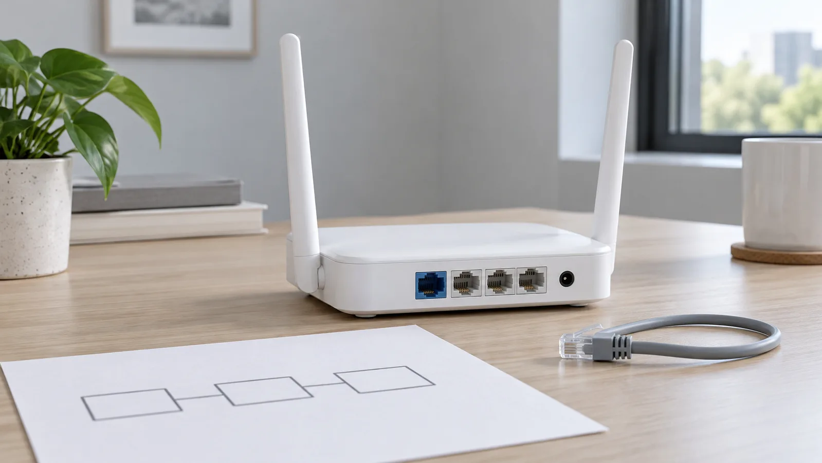 Router Wi-Fi desktop putih tanpa merek dengan port Ethernet belakang terlihat di samping sketsa jaringan sederhana