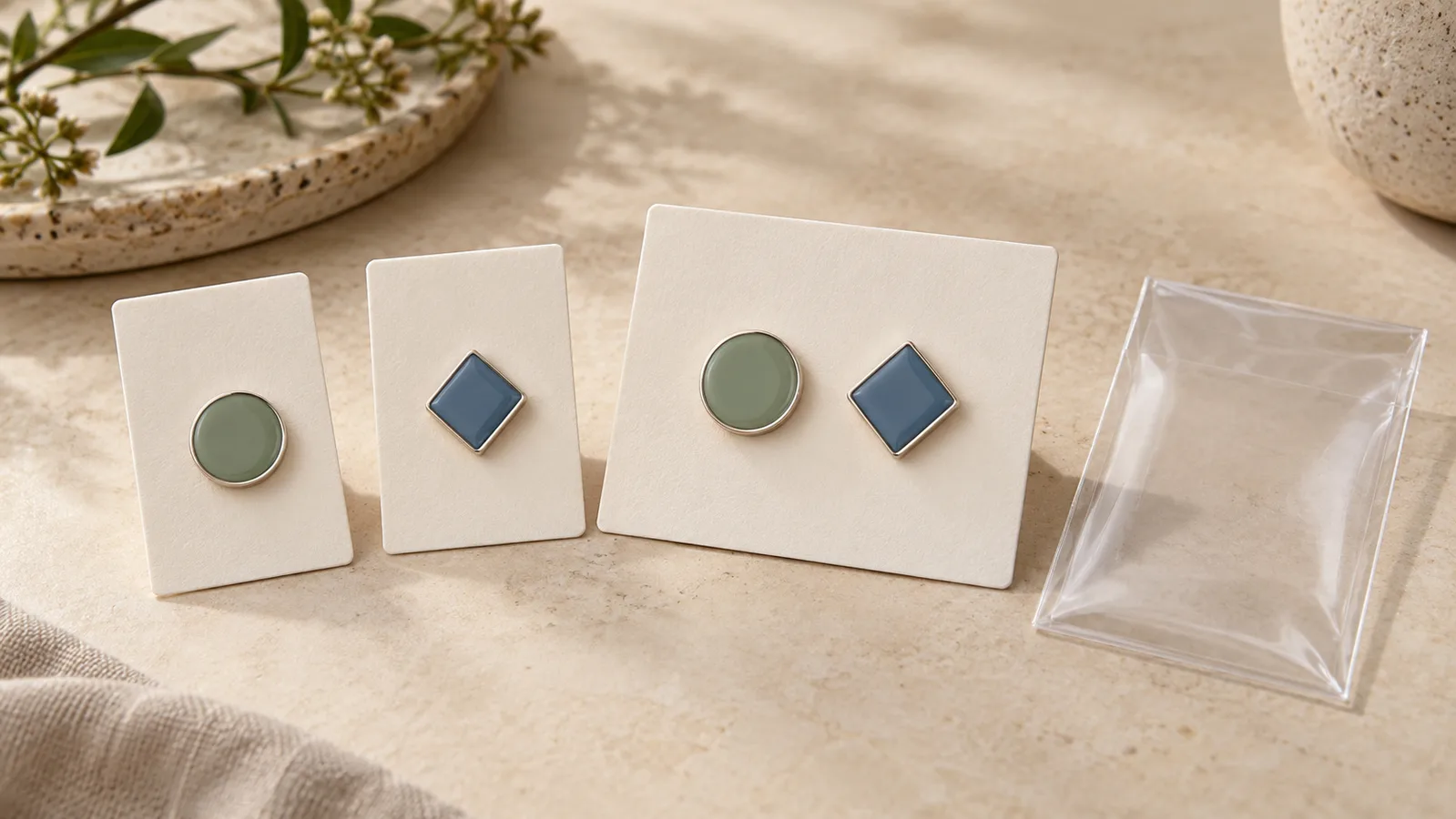 Lencana enamel geometris dipasang pada kartu tampilan polos di samping set dua lencana