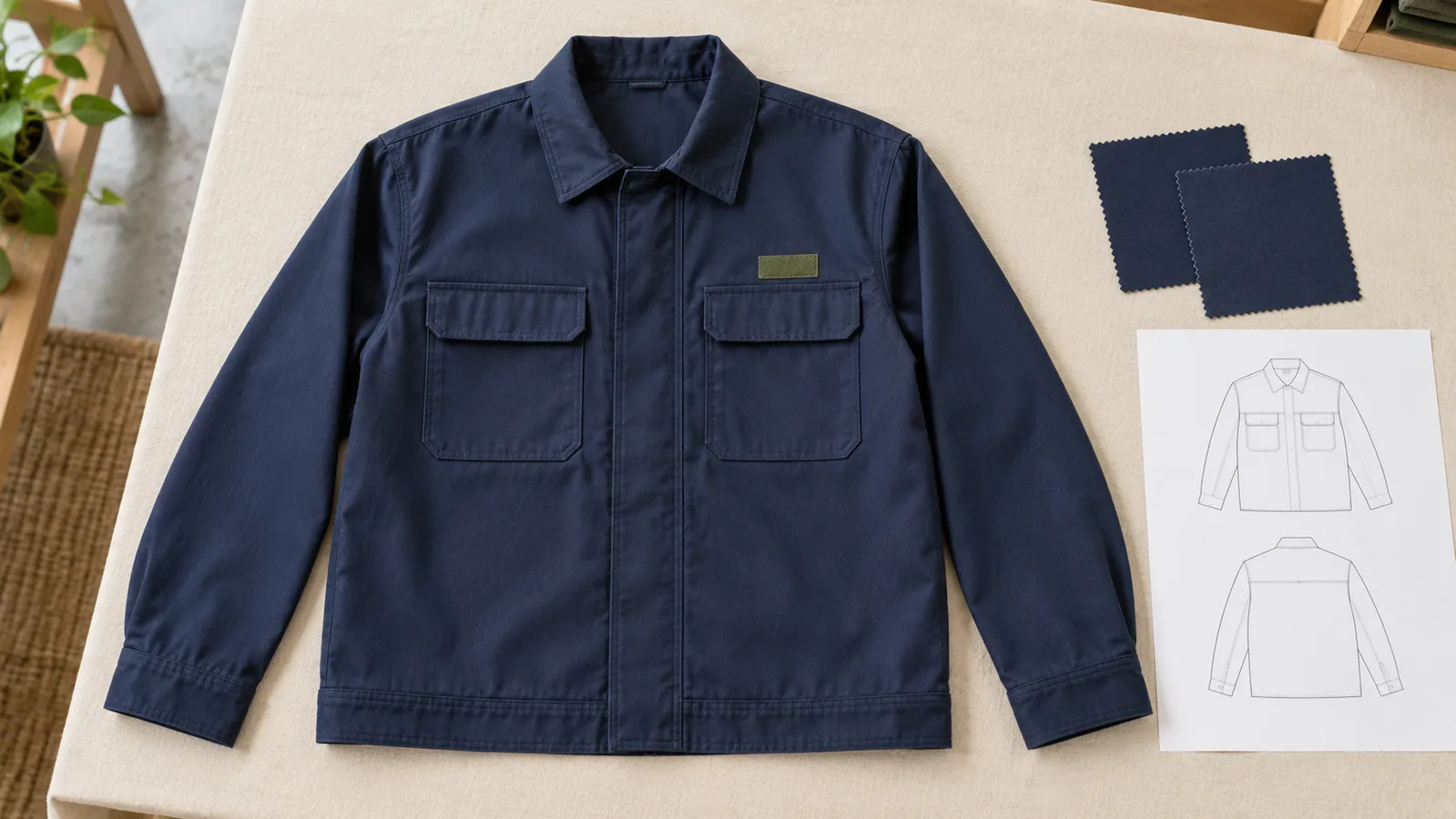 Contoh jaket pakaian kerja biasa dengan detail saku yang terlihat jelas di samping contoh tekstil
