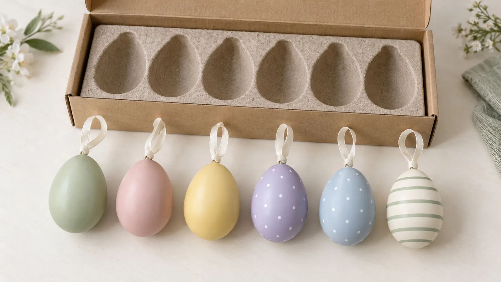 Ornamen gantung telur Paskah berwarna pastel disusun di samping nampan pengepakan ritelnya